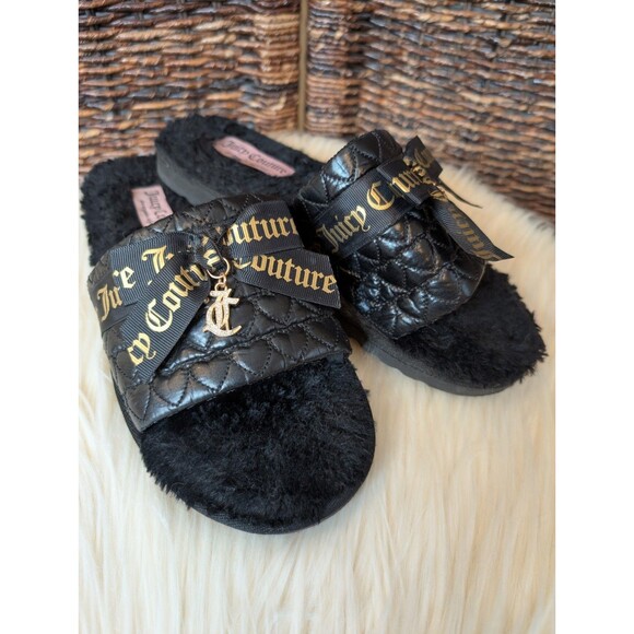 Juicy Couture Quilted Faux Fur Slippers Women's XL Slides Rhinestones Bow Hearts - Picture 1 of 10